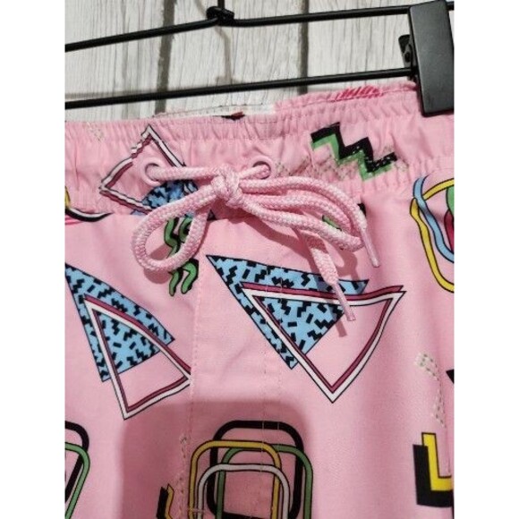 Mens Swim Trunks Medium Pink Geometric Shapes Drawstring Pockets Elastic Waist - Picture 3 of 6
